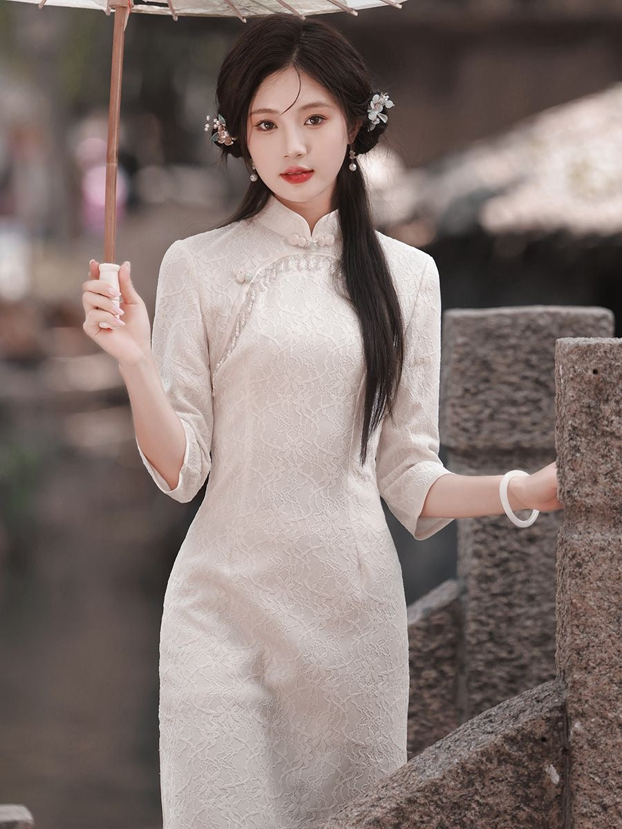 Classic Textured Long Sleeve Cheongsam Hanfu Story