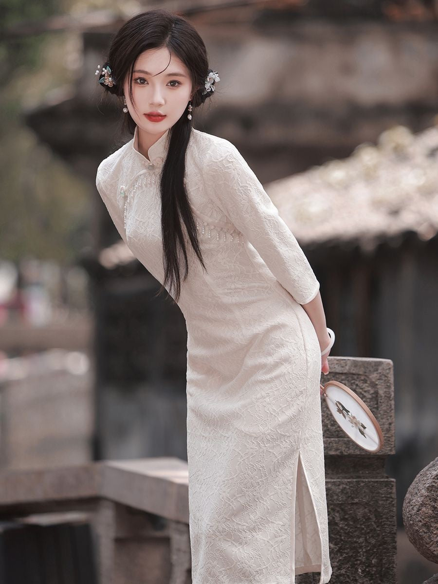 Classic Textured Long Sleeve Cheongsam Hanfu Story