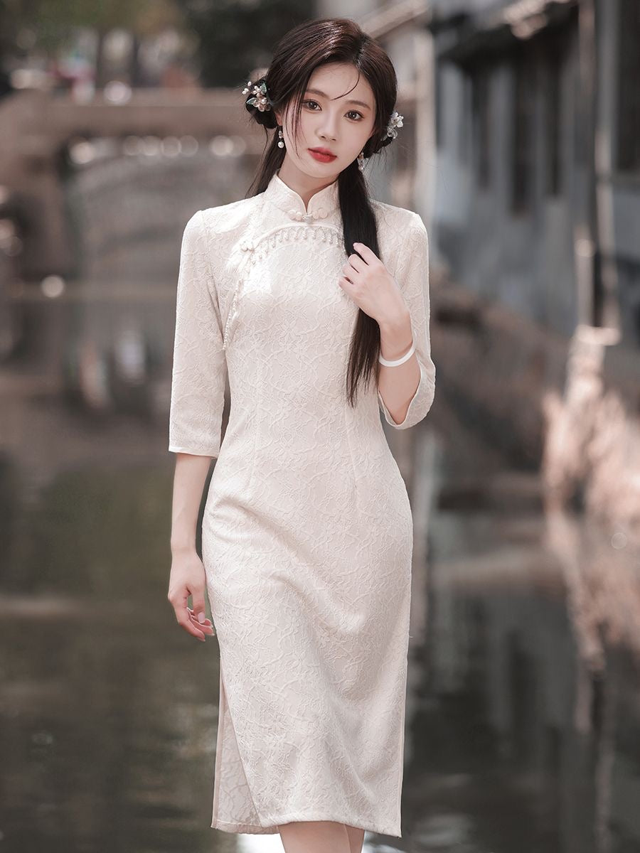 Classic Textured Long Sleeve Cheongsam Hanfu Story