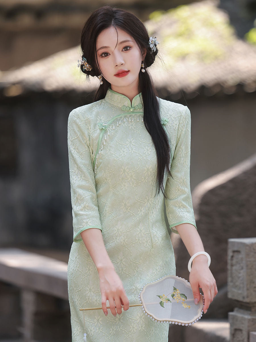 Classic Textured Long Sleeve Cheongsam Hanfu Story