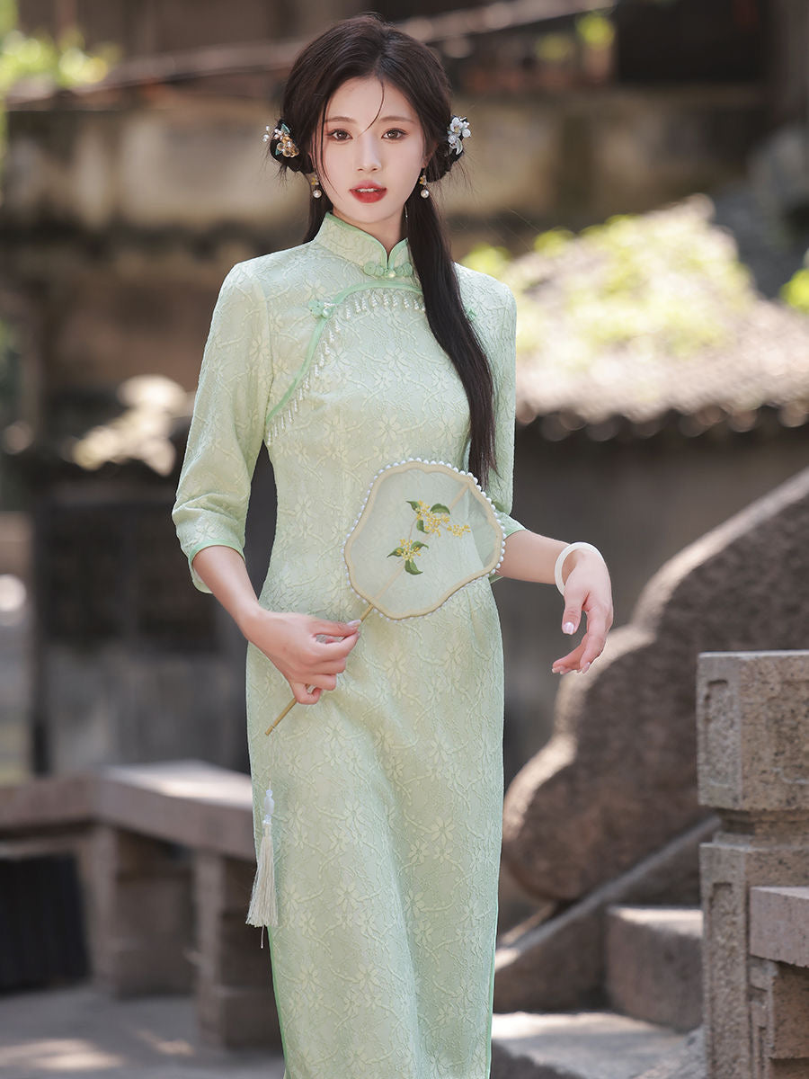 Classic Textured Long Sleeve Cheongsam Hanfu Story