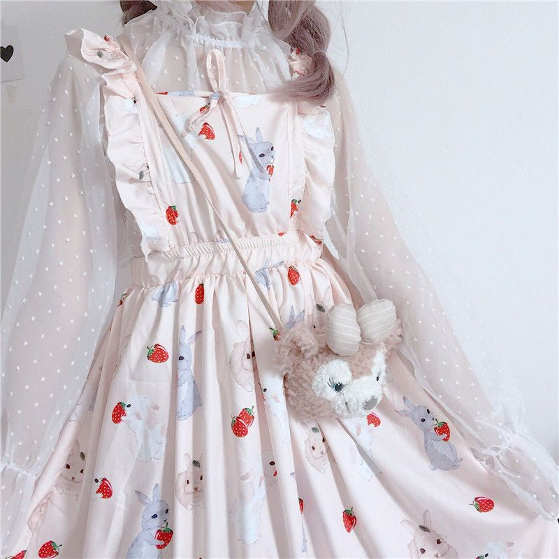 Rabbit Print Lolita Apron A-line Dress / Sheer Dotted Mesh Blouse mySite