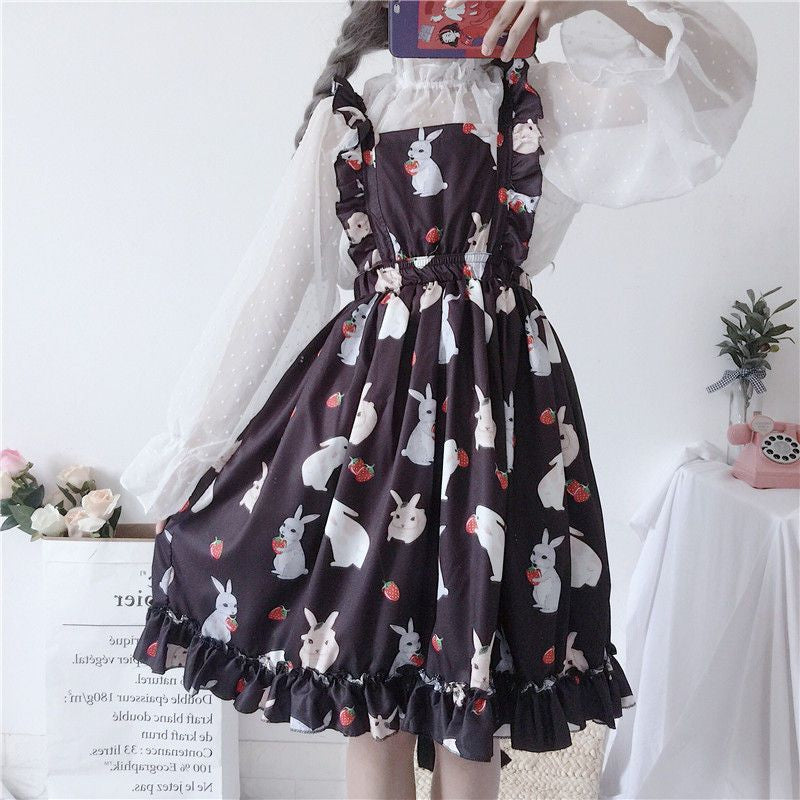 Rabbit Print Lolita Apron A-line Dress / Sheer Dotted Mesh Blouse mySite