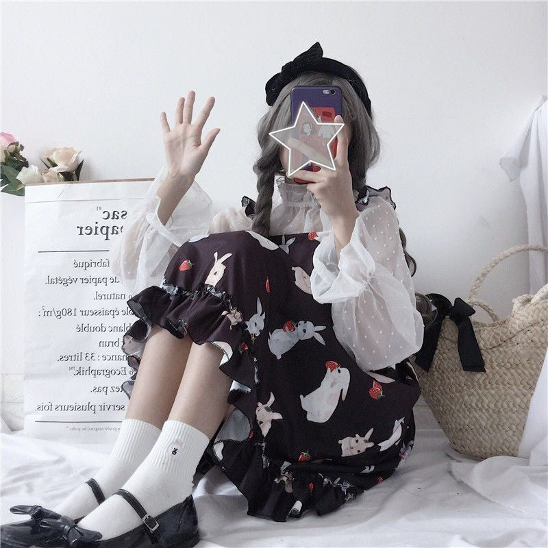 Rabbit Print Lolita Apron A-line Dress / Sheer Dotted Mesh Blouse mySite