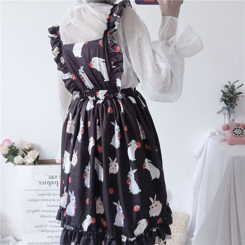 Rabbit Print Lolita Apron A-line Dress / Sheer Dotted Mesh Blouse mySite