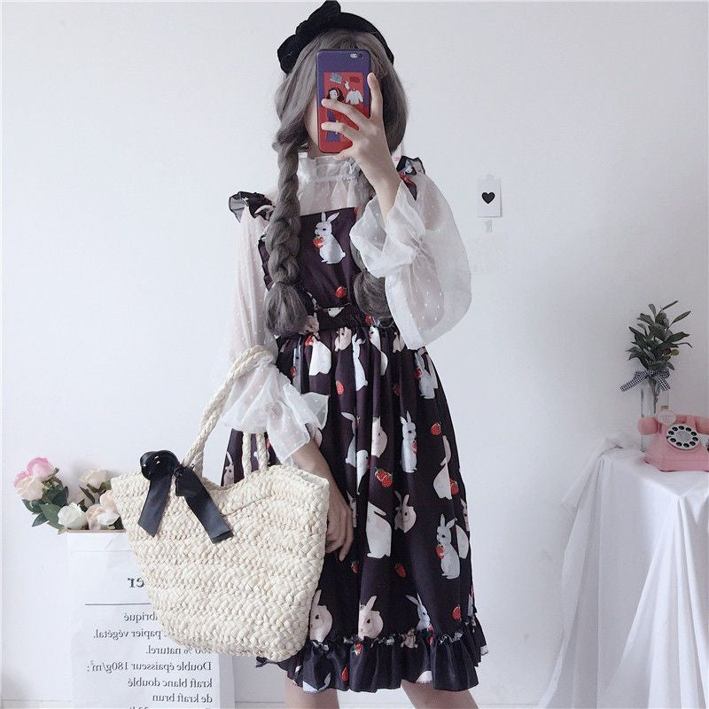 Rabbit Print Lolita Apron A-line Dress / Sheer Dotted Mesh Blouse mySite