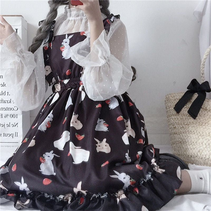 Rabbit Print Lolita Apron A-line Dress / Sheer Dotted Mesh Blouse mySite