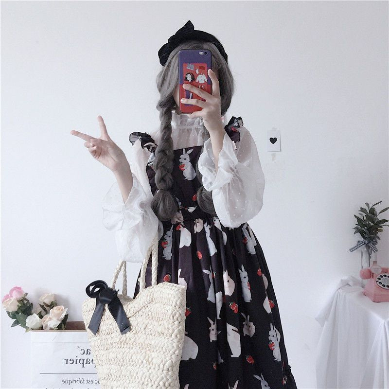 Rabbit Print Lolita Apron A-line Dress / Sheer Dotted Mesh Blouse mySite