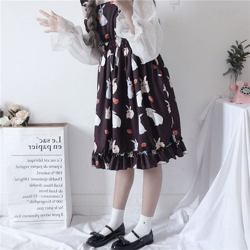 Rabbit Print Lolita Apron A-line Dress / Sheer Dotted Mesh Blouse mySite