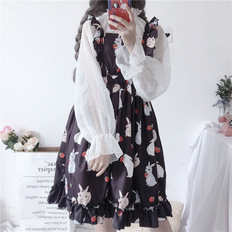 Rabbit Print Lolita Apron A-line Dress / Sheer Dotted Mesh Blouse mySite