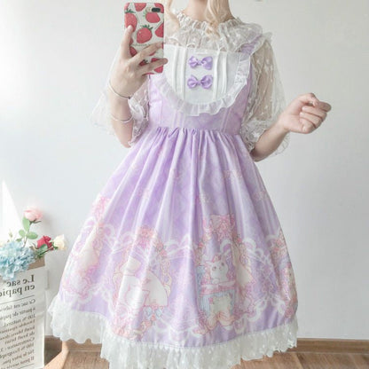 Rabbit Print Sleeveless A-Line Dress / Elbow-Sleeve Lace Top mySite