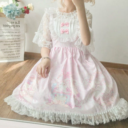 Rabbit Print Sleeveless A-Line Dress / Elbow-Sleeve Lace Top mySite