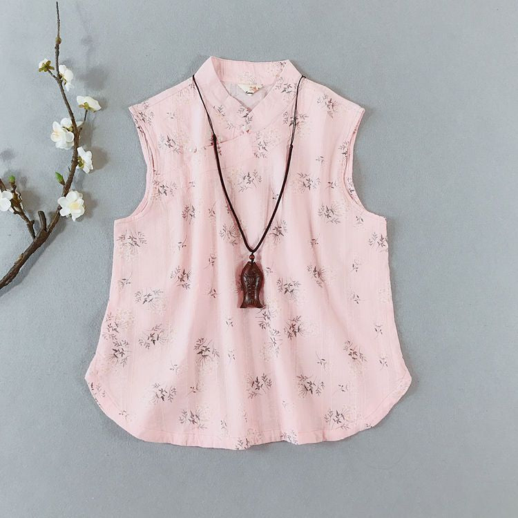 Traditional Chinese Sleeveless Floral Frog Buttoned Top SpreePicky