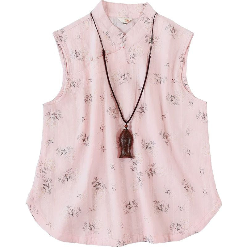 Traditional Chinese Sleeveless Floral Frog Buttoned Top SpreePicky