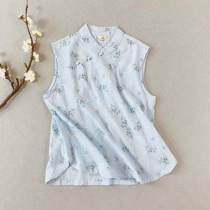 Traditional Chinese Sleeveless Floral Frog Buttoned Top SpreePicky