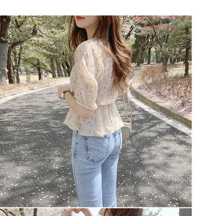 V-Neck Dotted Chiffon Top mySite