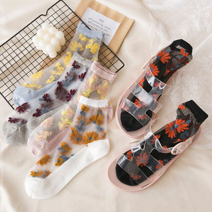 Set Of 3 Pairs: Floral Print Mesh Socks SpreePicky