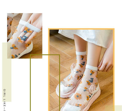 Set Of 3 Pairs: Floral Print Mesh Socks SpreePicky