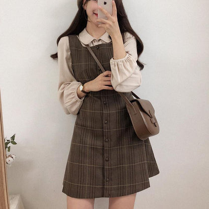 Long-Sleeve Blouse / Plaid Mini Buttoned Overall Dress mySite