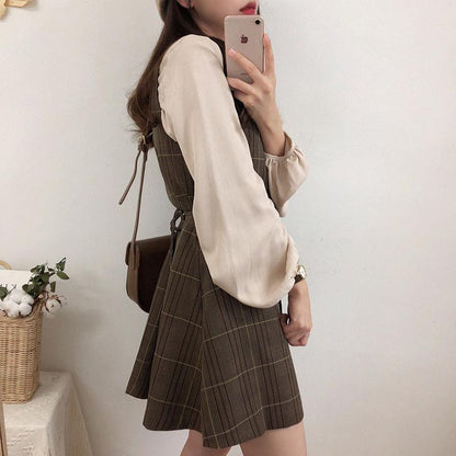 Long-Sleeve Blouse / Plaid Mini Buttoned Overall Dress mySite