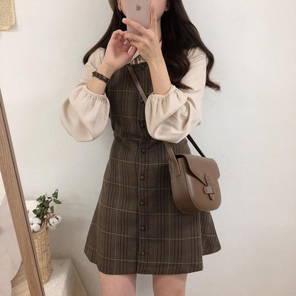 Long-Sleeve Blouse / Plaid Mini Buttoned Overall Dress mySite