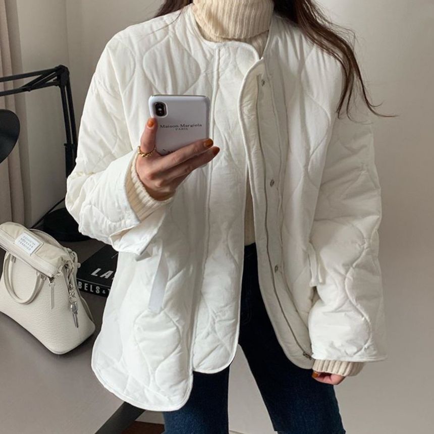 Drawstring Waist Round Neck Padded Jacket SpreePicky