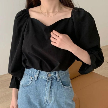 Puff Sleeve Square Neck Plain Blouse SpreePicky