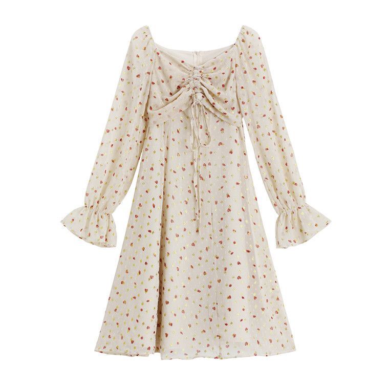 Long Sleeve Square Neck Drawstring Floral Chiffon Dress mySite