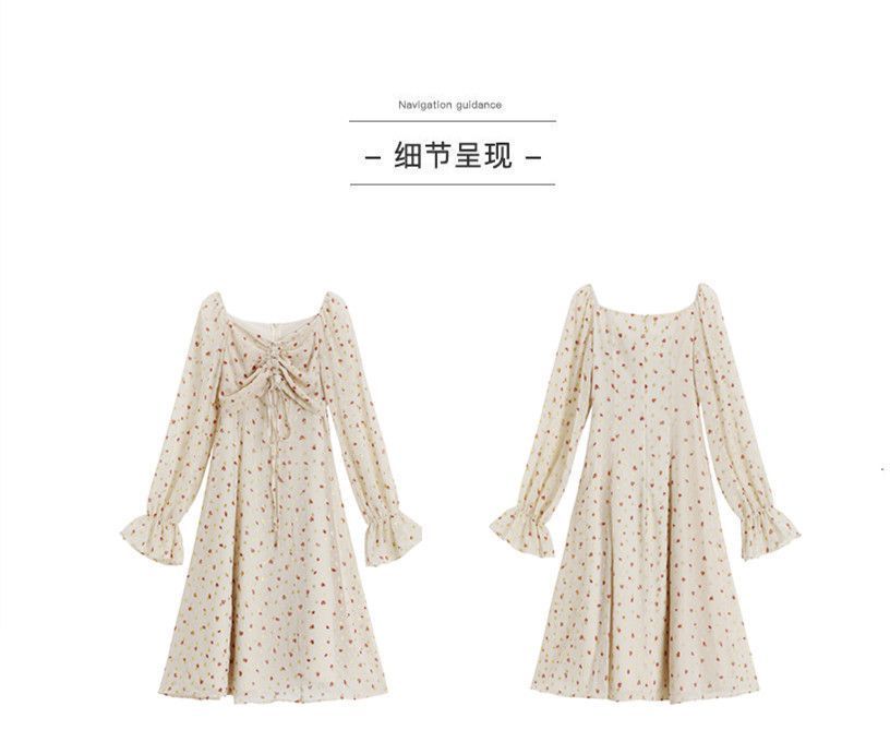 Long Sleeve Square Neck Drawstring Floral Chiffon Dress mySite