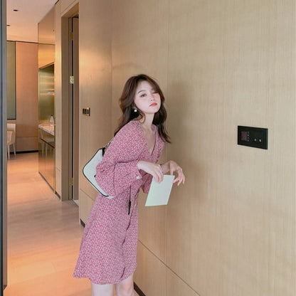 Puff Sleeve Square Neck Floral Print Mini Chiffon Dress mySite