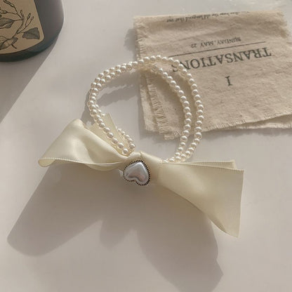 Heart Faux Pearl Bow Hair Tie SpreePicky