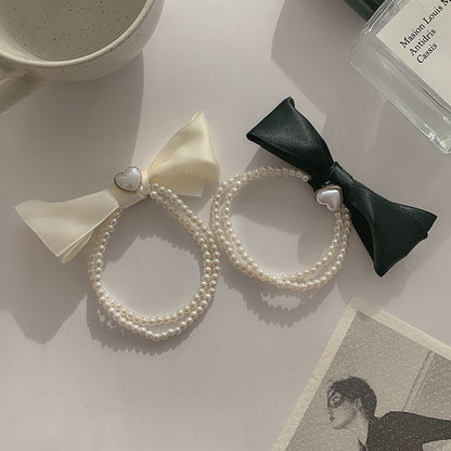 Heart Faux Pearl Bow Hair Tie SpreePicky