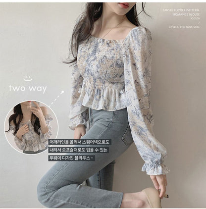 Long Sleeve Square Neck Floral Smocked Cropped Top mySite