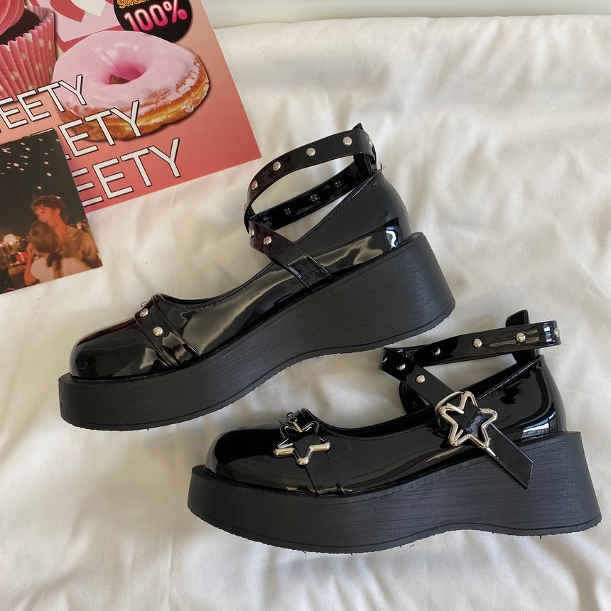 Platform Wedge Star Buckle Cross Strap Mary Jane Shoes SpreePicky