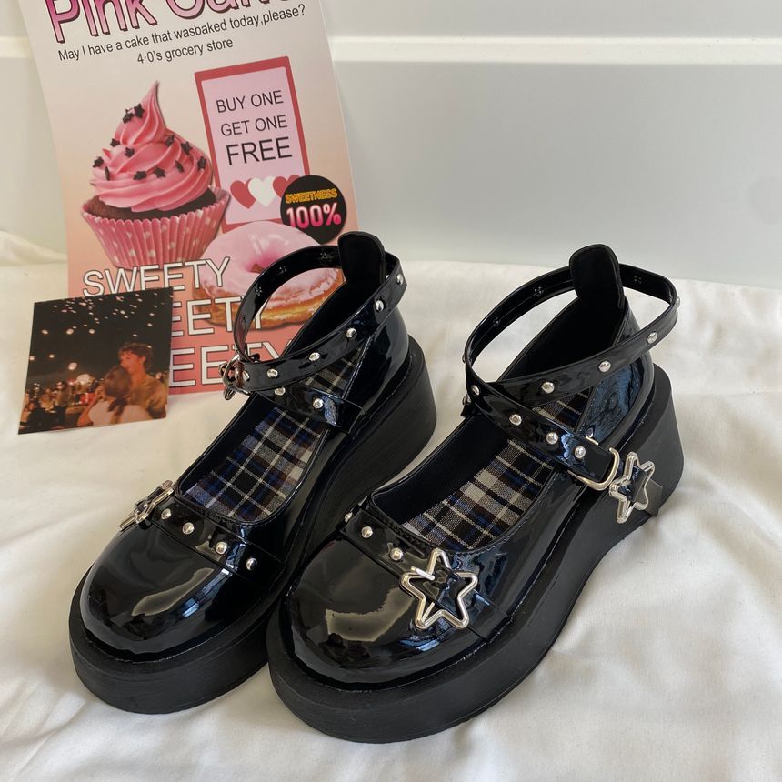 Platform Wedge Star Buckle Cross Strap Mary Jane Shoes SpreePicky