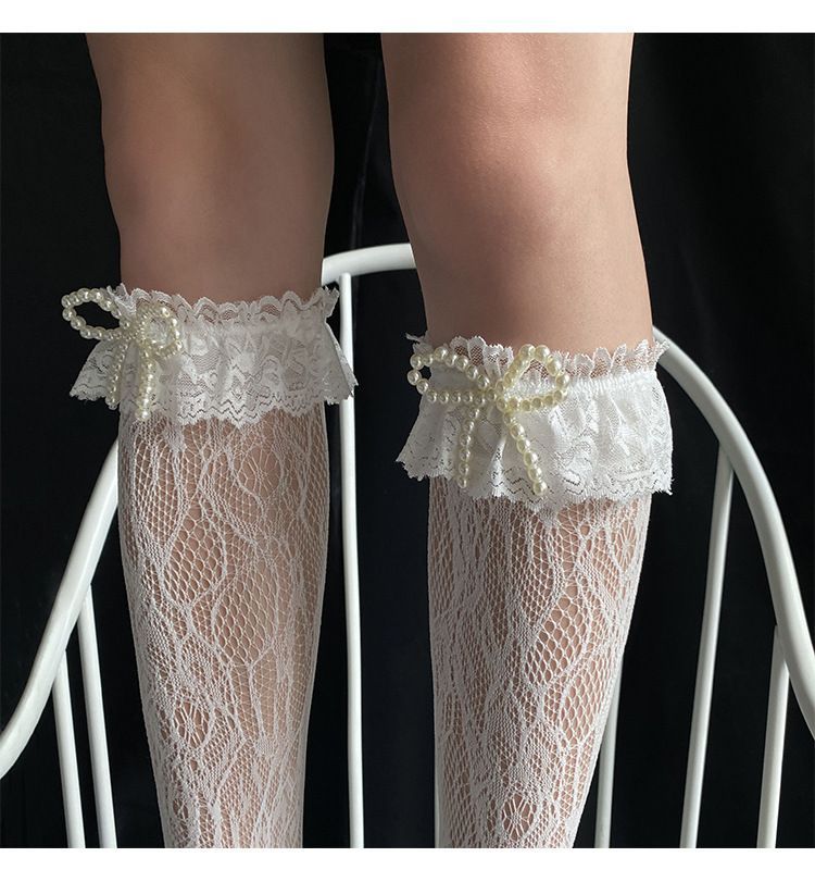 Faux Pearl Bow Accent Lace Socks SpreePicky