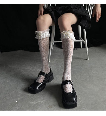 Faux Pearl Bow Accent Lace Socks SpreePicky