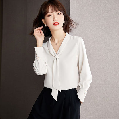 Long Sleeve Knotted Neck Chiffon Blouse SpreePicky