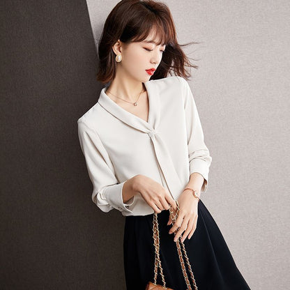 Long Sleeve Knotted Neck Chiffon Blouse SpreePicky