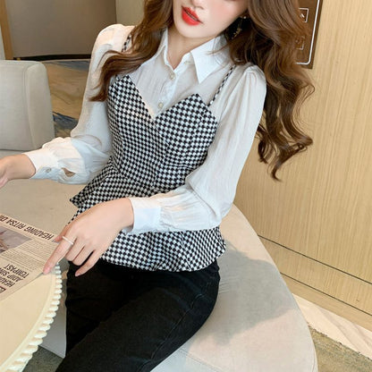 Long Sleeve Houndstooth Panel Mock Two Piece Top mySite