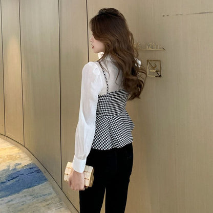 Long Sleeve Houndstooth Panel Mock Two Piece Top mySite