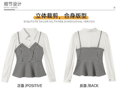 Long Sleeve Houndstooth Panel Mock Two Piece Top mySite