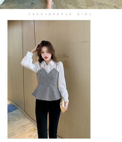 Long Sleeve Houndstooth Panel Mock Two Piece Top mySite