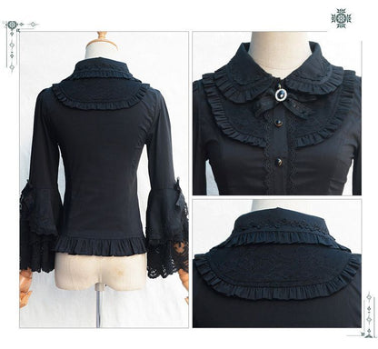 Lolita Bell-Sleeve Collared Lace Trim Blouse mySite