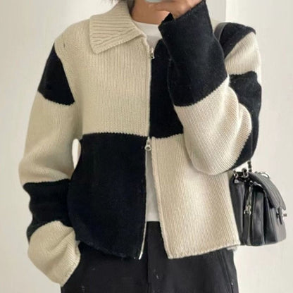 Double-Ended Zip Color Block Lattice Knit Cardigan mySite