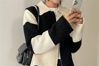 Double-Ended Zip Color Block Lattice Knit Cardigan mySite