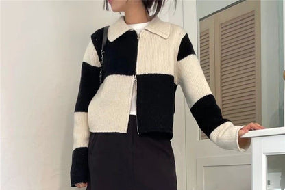 Double-Ended Zip Color Block Lattice Knit Cardigan mySite