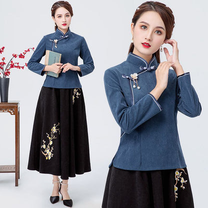 Contrast Trim Blouse / Flower Embroidered Midi A SpreePicky