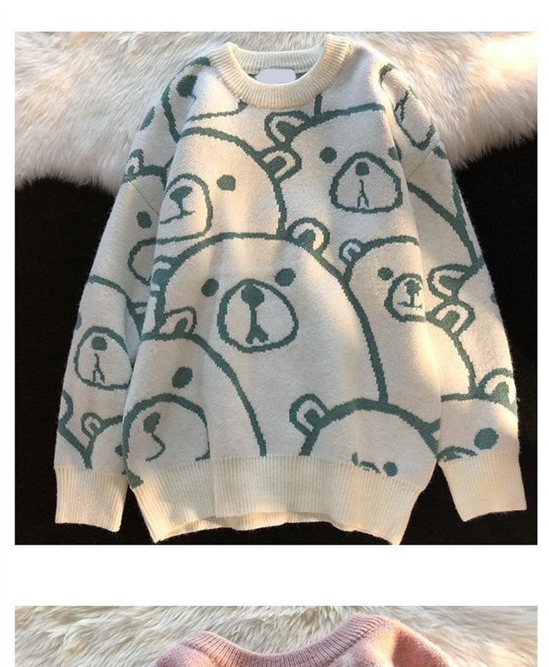 Bear Print Knit Sweatshirt SpreePicky