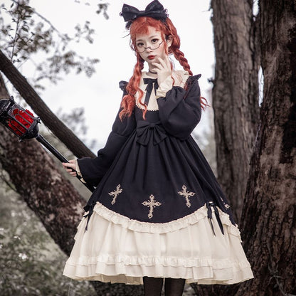 Cross Embroidered Long-Sleeve Lolita Dress mySite